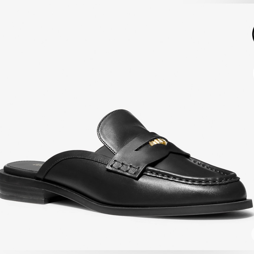 Michael Kors Eden Leather Mules Black Loafers with Gold Detail